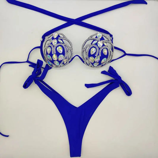 2024 diamond bling stones bikini set hollow out bathing suit sexy women beachwear hot selling biquini