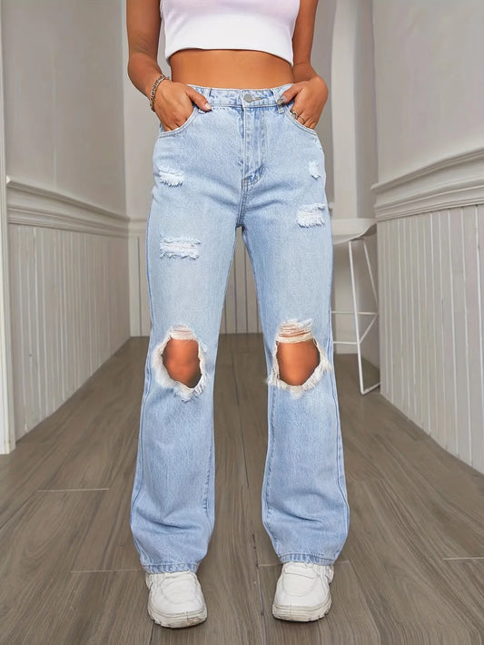 2024 Fall High Waist Straight Women's Ripped Jeans Women New Blue Denim Trousers Fashion Streetwear Wide Leg Baggy Pants Casua